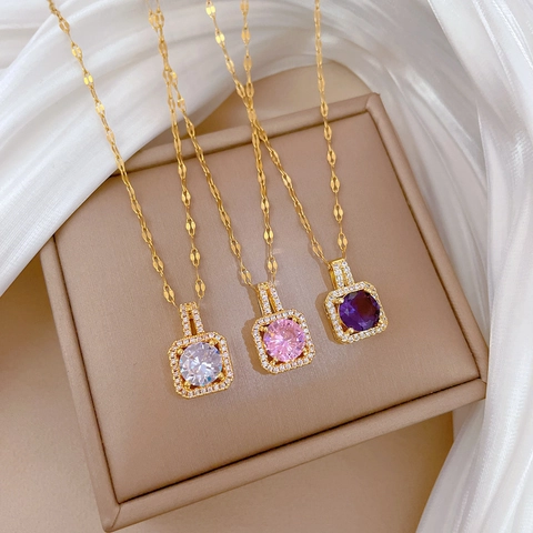 Collana Con Pendente Da Donna In Acciaio Al Titanio E Rame Geometrico Quadrato Zirconia Cubica Elegante Moda Coreana
