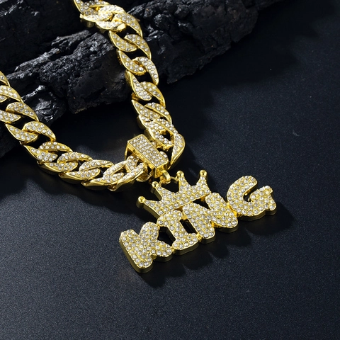 King Letter Pendant Necklace Zinc Alloy Rhinestone Crowned King Cuban Link Chain Hip Hop Streetwear Men Jewelry