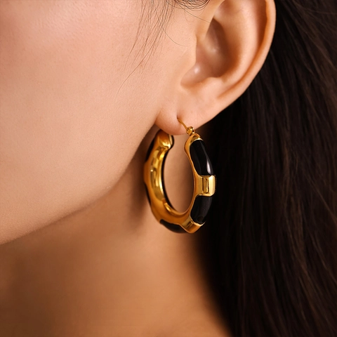 Stainless Steel Chunky Hoop Earrings Gold Plated Black Enamel Drip Oil Geometric Hollow Earrings For Women Minimalist Jewelry