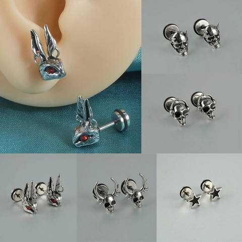 Punk Stainless Steel Skull Stud Earrings For Men Women Gothic Star Hannya Mask Rabbit Design Drip Oil Piercing Jewelry
