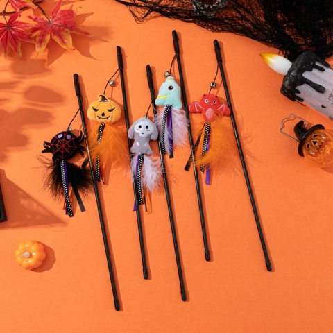 Giocattolo Bacchetta Per Gatti Halloween Interattivo Con Peluche Zucca Ragno Fantasma Pipistrello Piuma Nappina E Campanellino