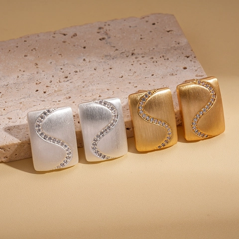 Rectangular Stud Earrings With 925 Sterling Silver Earring Post 18K Gold Plated Copper S-Shape Zircon Brushed Elegant