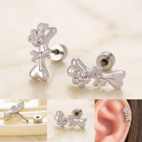 Bone Stud Earrings With Zircon Flower Bowknot Titanium Steel Flat Back Screw Cartilage Piercing Jewelry For Women
