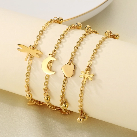 Edelstahl Fußkettchen Mit Libelle Mond Herz Anhänger Verstellbar Einfach Strand Fußschmuck Für Damen