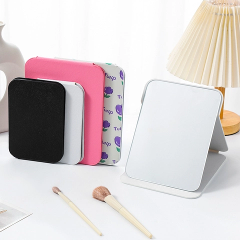 Miroir De Maquillage Pliable Miroir De Table Portable Verre HD Angle Réglable Carré Cuir PU Voyage Beauté Cosmétique