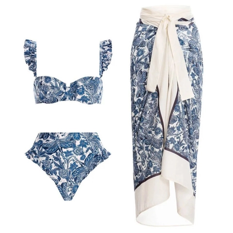 Blue White Botanical Dragonfly Print Ruffle Polyester Swimwear Bikini With Tie Sarong High Waist Beach Vacation For Women