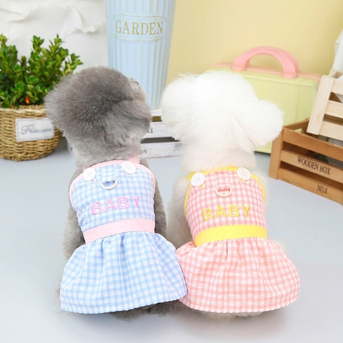 Plaid Pet Dress Cotton Breathable Dog Clothes With Leash D-Ring Baby Letter Embroidery Summer Puppy Cat Apparel