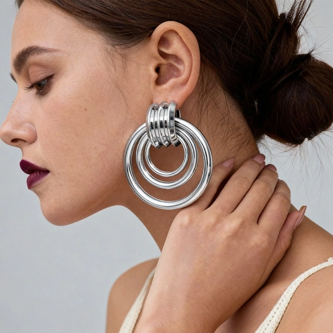 Geometric Hollow Round Multi Layer Hoop Earrings With 925 Sterling Silver Earring Post Exaggerated Fashion For Women