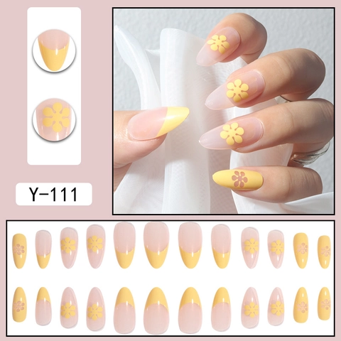 Press On Nagels Lange Amandelvorm Kunstnagels Gele Franse Tip Bloemenpatroon Glanzende Hars Voor Vrouwen
