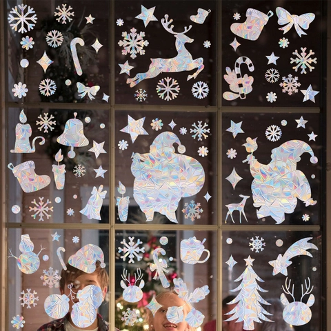 Autocollants Fenêtre Noël Holographiques Prisme Arc-En-Ciel Électrostatique Flocon De Neige Renne Arbre Décor