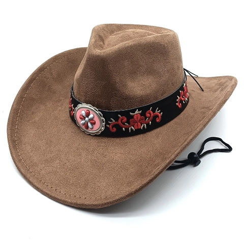 Chapeau De Cow Boy Western Daim Synthétique Bord Large Bande Brodée Ethnique Concho Métal Floral Style Rétro Cordon