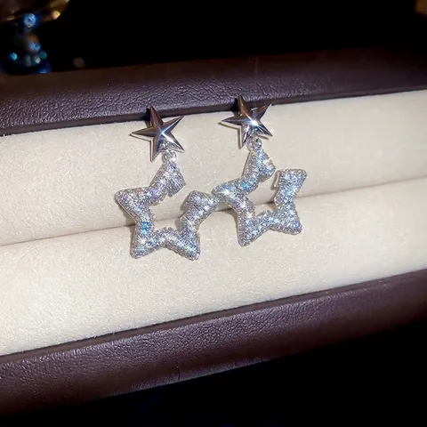 Double Star Drop Earrings With 925 Sterling Silver Earring Post Copper Zircon Inlaid Hollow Dangle Jewelry For Women