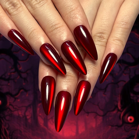 Uñas Postizas Stiletto Largas Puntiagudas Rojo Metálico Brillo Cromo Halloween Gótico Para Mujeres