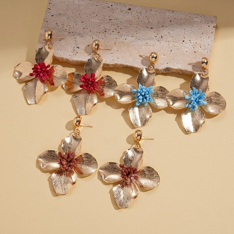 Vintage Metal Flower Statement Earrings With 925 Sterling Silver Earring Post Textured Petals Retro Elegant For Women