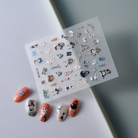 5D Reliëf Nagelstickers Waterdicht Lolita Anime Meisje Ontwerp Konijn Bloem DIY Manicure Decoratie Zelfklevende Decals