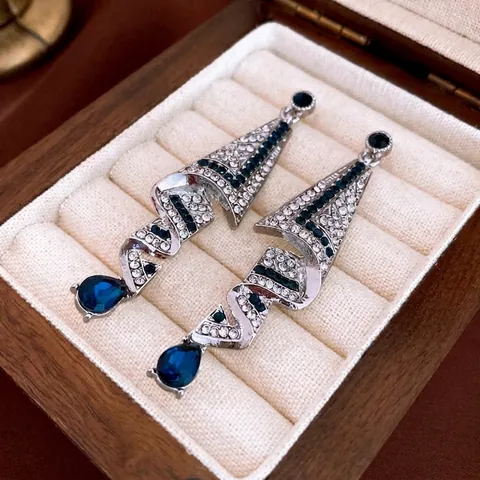 Pendientes Colgantes Geométricos Espiral Gota De Agua Aleación Estrás Piedra Azul Con Poste De Plata Para Mujer Retro