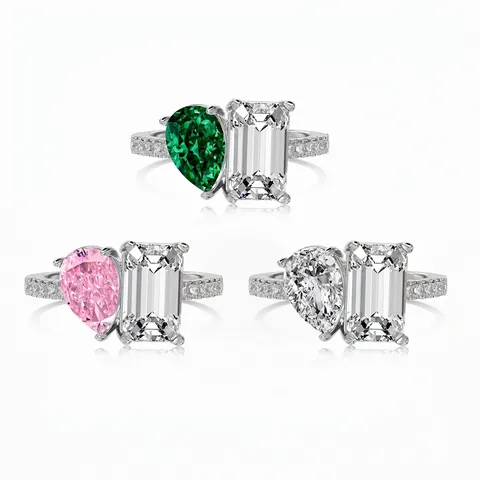 Toi Et Moi Ring 925 Sterling Silver Emerald And Pear Cut Cubic Zirconia Double Stone Wedding Jewelry For Women