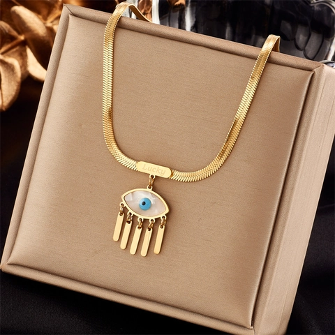 Evil Eye Pendant Necklace Stainless Steel Gold Plated Snake Chain Blue Eye Tassel Lucky Tag Vintage Jewelry For Women