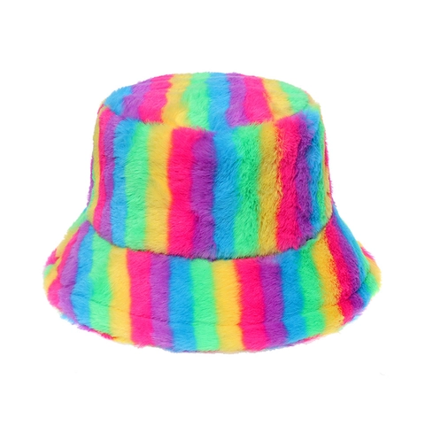 Bunter Gestreifter Fischerhut Aus Kunstkaninchenfell Plüsch Warm Winter Winddicht Outdoor Mode Lässiges Accessoire Damen