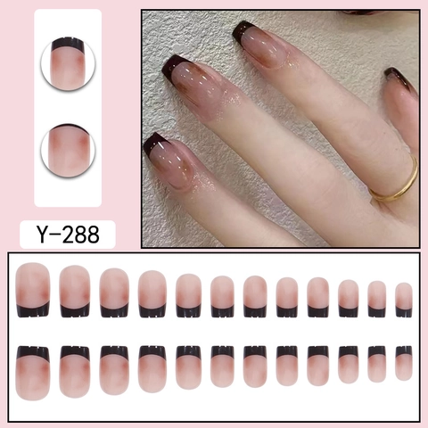 Uñas Postizas Largas Cuadradas Degradado Francés Marrón Chocolate Brillante Resina Para Mujeres