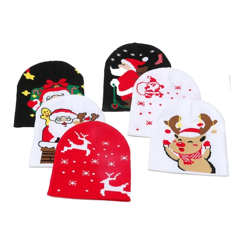 Gorro de Punto de Navidad Acrílico Gorro de Invierno Cálido Con Patrón de Reno Papá Noel Muñeco de Nieve Regalo Mujer Hombre