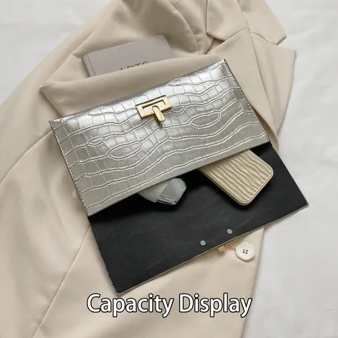 Women Envelope Clutch Bag Crocodile Pattern Metallic PU Leather Evening Party Social Fashion Handbag With Metal Buckle