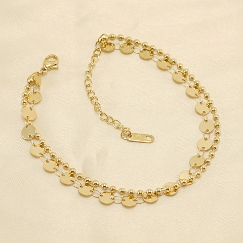 Layered Anklet For Women Stainless Steel Beads Round Discs Foot Chain Jewelry Gold Plated Adjustable
