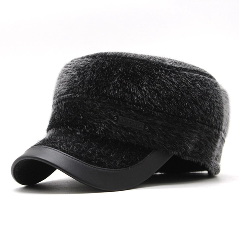 Men Winter Faux Fur Cadet Hat Warm Ear Protection Windproof Flat Top Cap Faux Mink Fur Thick Outdoors Solid Color