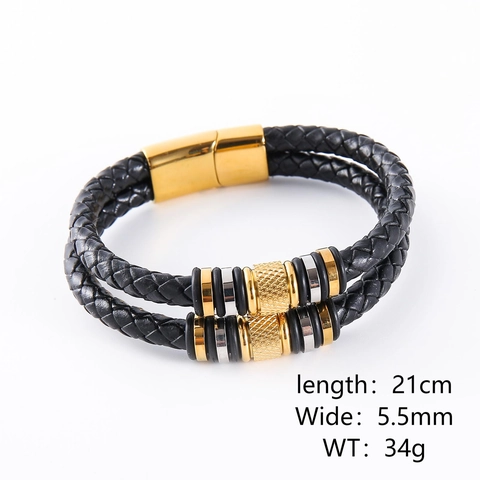 Men Handmade Double Layer Woven Leather Bracelet Stainless Steel Magnetic Clasp Two Tone Retro Minimalist Fashion Braid