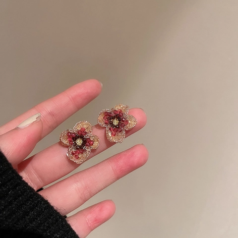Flower Stud Earrings Alloy Crystal With 925 Sterling Silver Earring Post Elegant Woven Handmade Style Women Jewelry