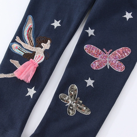 Leggings Da Bambina Cotone Maglia Vita Elastica Pantaloni Fata Farfalla Paillettes Ricamo Stella Decorativo Casual