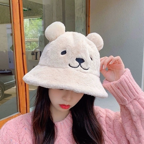 Faux Fur Bucket Hat Bear Ears Plush Winter Warm Thick Ear Protection Soft Cute Outdoor Fashion For Women