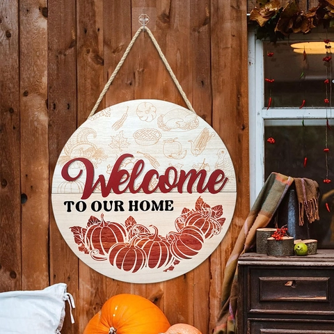 Bienvenido A Nuestro Hogar Letrero Redondo De Madera Puerta Principal Placa Colgante Calabaza De Otoño Decoración De Pared Rústica