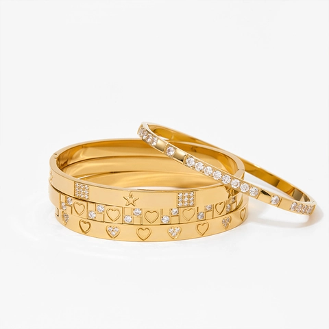 Chic Stainless Steel Bangle Bracelet Heart Star Pattern Cubic Zirconia Inlaid Luxury Jewelry For Women