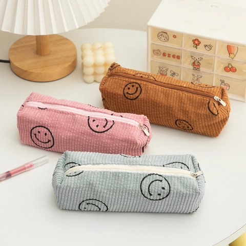 Fluweel Etui Schrijfwarentas Met Smiley Patroon Ritssluiting Opbergtas Voor Studenten En Kantoor Eenvoudige Stijl