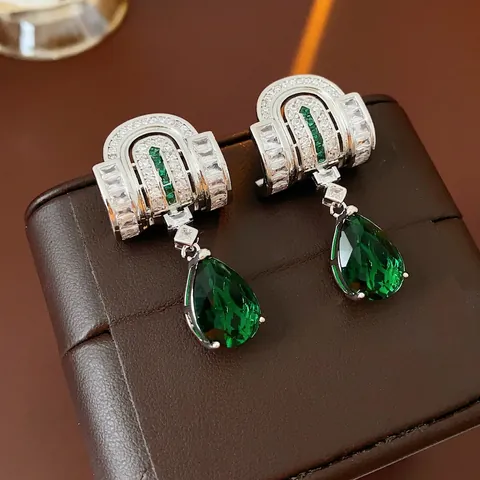 Vintage Art Deco Tropfenohrringe Smaragdgrün Zirkon Kupfer Mit Silbernem Ohrstecker Luxus Mode Damen