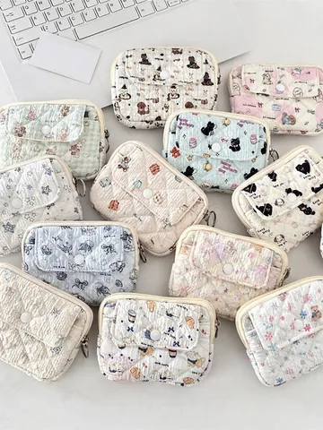 Quilted Mini Coin Purse Card Holder Pouch With Front Pocket Zipper Closure Metal Ring Cute Cartoon Print Korean Style