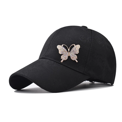 Cappello Da Baseball In Cotone Jacquard Con Farfalla Di Metallo E Strass Traspirante Protezione Solare Regolabile Moda Donna