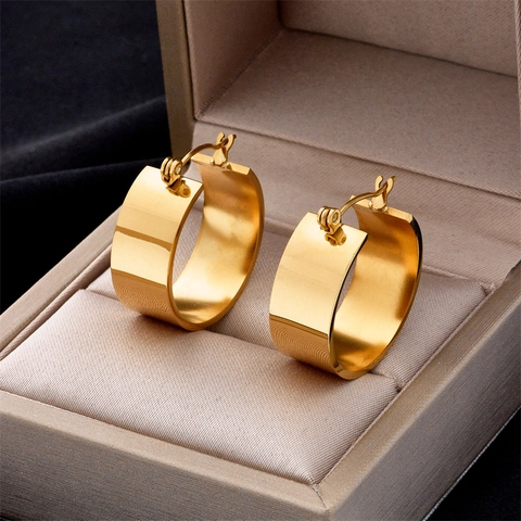 Minimalist Chunky Hoop Earrings Titanium Steel Wide Surface High Polish Retro C Shaped Jewelry For Women