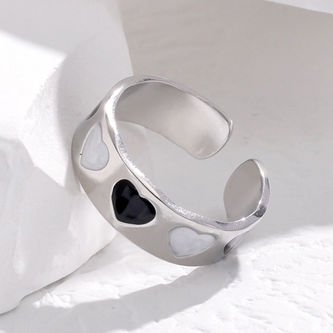 Bague En Acier Inoxydable Forme De Coeur Plaqué Or 18K Ajustable Bijoux De Doigt Pour Femmes Tendance Minimaliste Émail