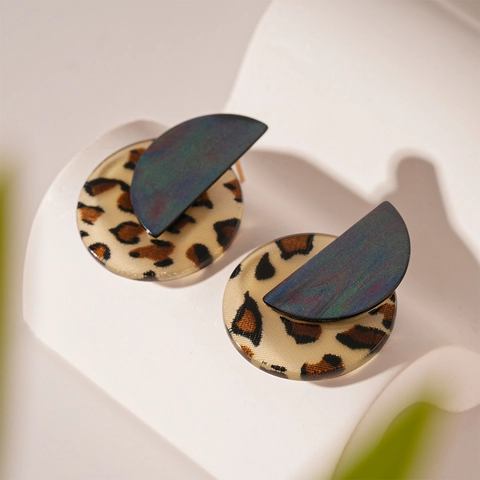 Geometric Round Leopard Print Acrylic Alloy Stud Earrings With Silver Earring Post Vintage Fashion Jewelry For Women