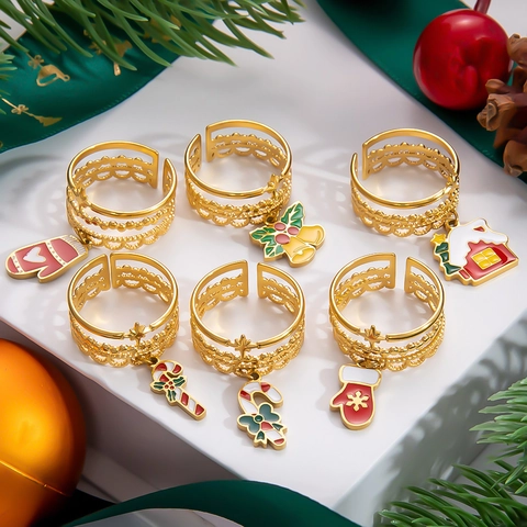 Anello Aperto di Natale in Acciaio Inossidabile per Donna Placcato Oro 18K Smalto Babbo Natale Campanello Pendente Anello Regolabile Gioielli Festivi Regalo