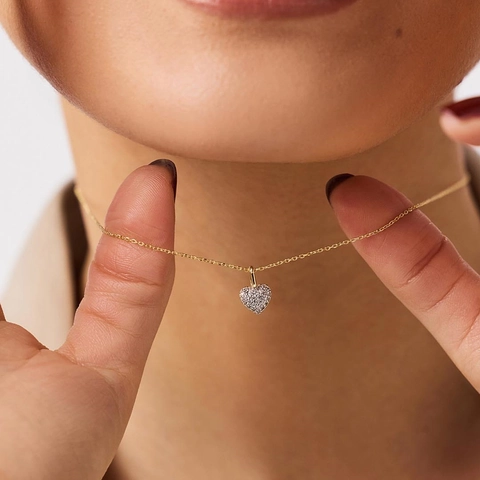 Collana Con Pendente A Cuore Rame Placcato Oro 18K Brillante Zirconia Pavé Gioielli Eleganti Alla Moda Regalo Per Donne