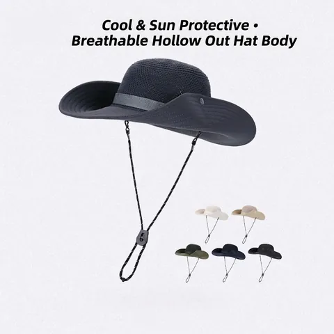 Wide Brim Sun Bucket Hat For Men Outdoor Fishing Hiking Breathable Mesh Hollow UV Protection Windproof Rope
