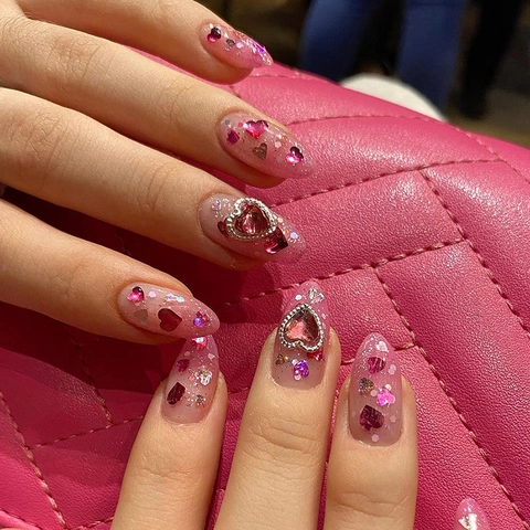 Almond Press On Nails Pink Gradient Heart Rhinestone Silver Glitter Luxury 3D Gem Artificial False Fingernails For Women
