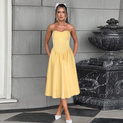 Strapless Midi Dress Polyester Spandex Satin Corset Waist Solid Yellow French Retro Elegant Summer Party Women