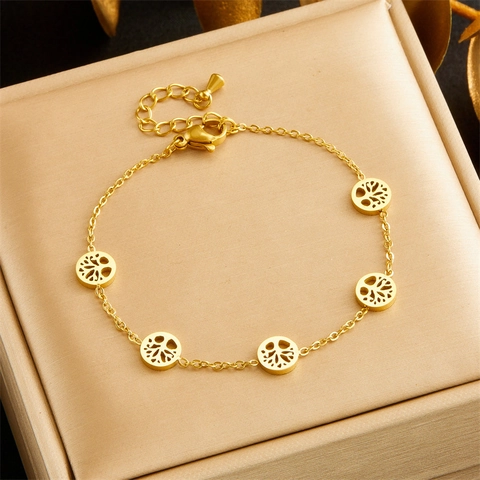 Bracelet Charme Rond Creux Arbre de Vie pour Femmes Acier Inoxydable Chaîne en Or Électroplaqué Bijoux de Mode Commuter