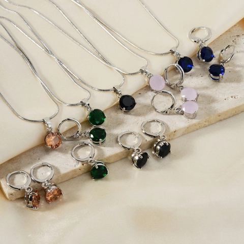 Fashion Jewelry For Women Copper Round Cubic Zirconia Pendant Necklace And Earrings Elegant Light Luxury Style Accessory