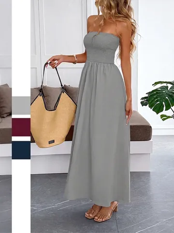 Women Strapless Maxi Dress Polyester Shirred Bodice A-Line Solid Color Summer Vacation Holiday Casual Streetwear
