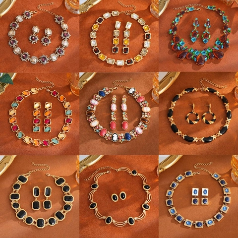 Vintage French Palace Style Jewelry Necklace And Earrings With Silver Earring Post Elegant Colorful Rhinestone Women